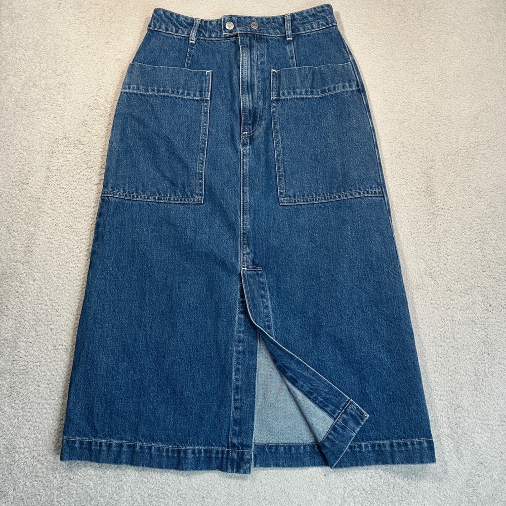 GAP Denim Midi Skirt Womens 4 27 Blue High Rise Utility Patch Pocket A-Line Slit